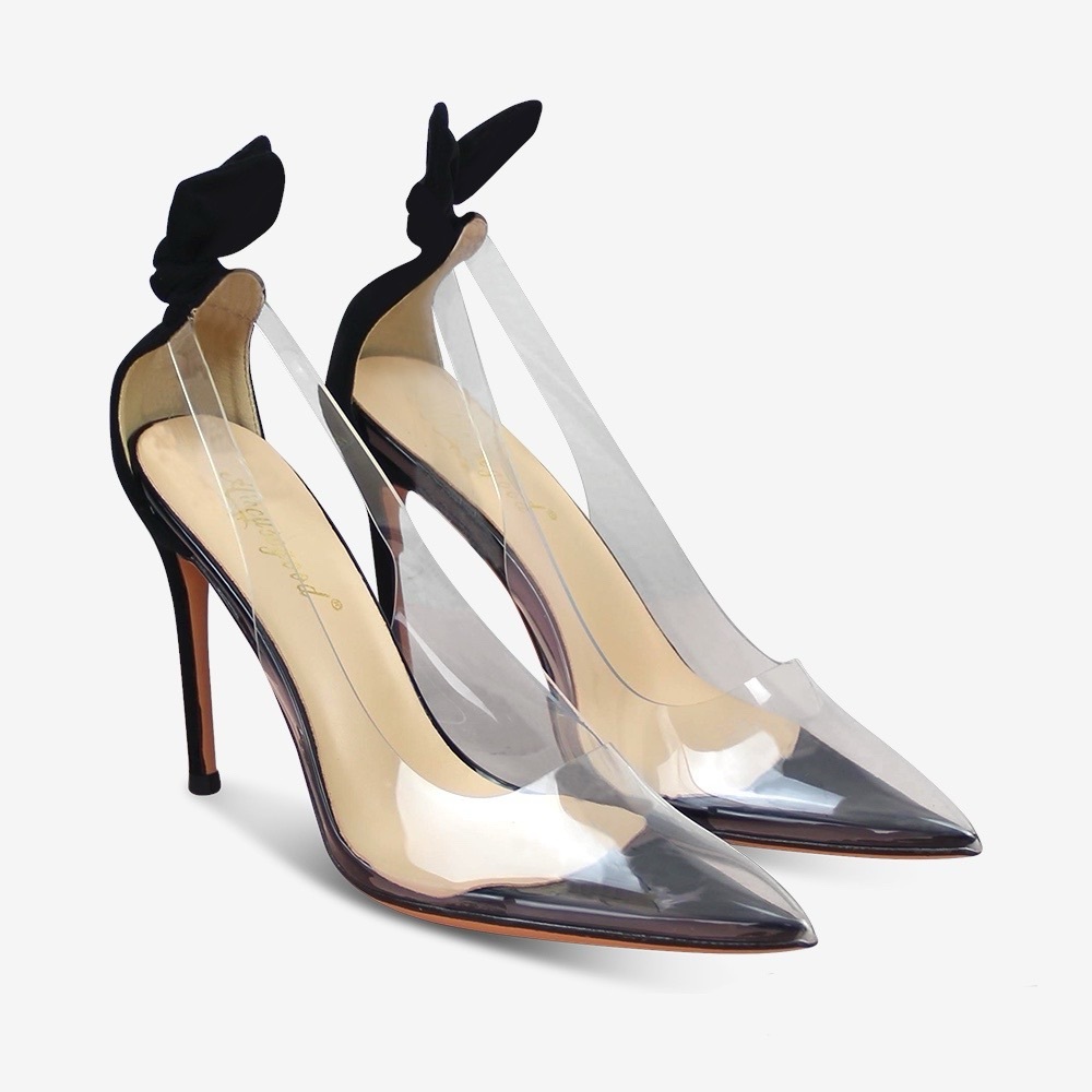 Women’s Bow Tie Stiletto High Heeled Pointed Toe Pumps in Clear PVC, Pumps